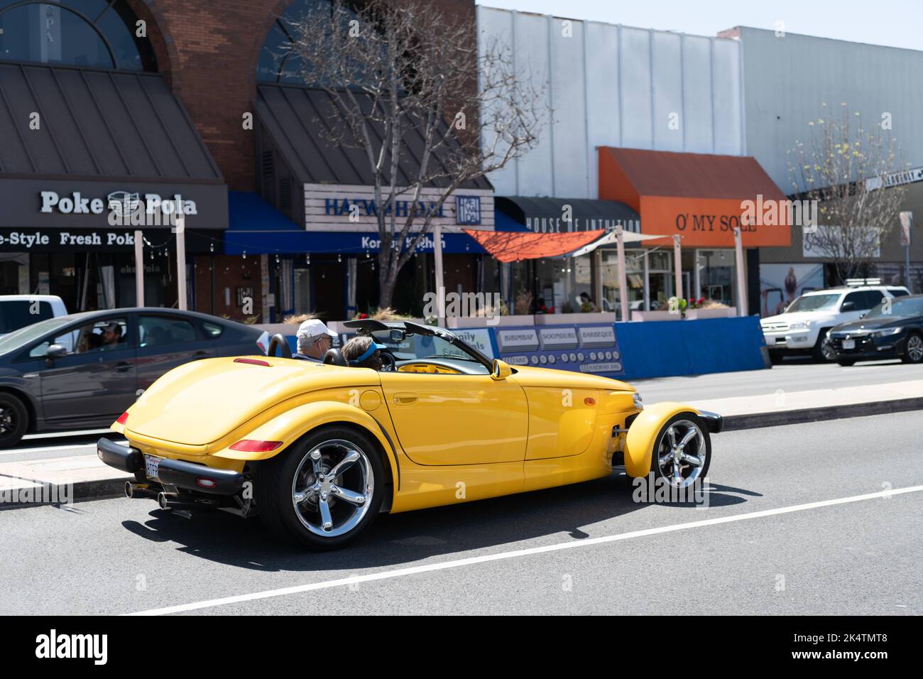 Long Beach, California USA - March 31, 2021: classic automobile of yellow Chrysler Plymouth Prowler Stock Photo