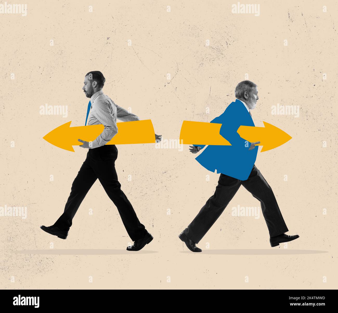 Creative art collage. Office workers walking in different directions with arrows, symbolizing two business strategies. Choosing strategy for achieving Stock Photo