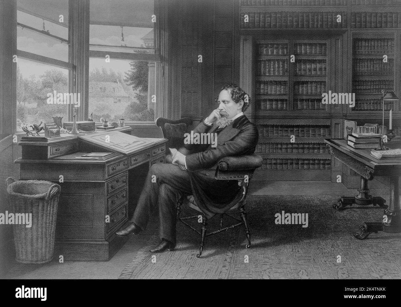 A portrait etching of the celebrated writer Charles Dickens in his study, probably in Broadstairs, Kent England - Photo: Geopix Stock Photo