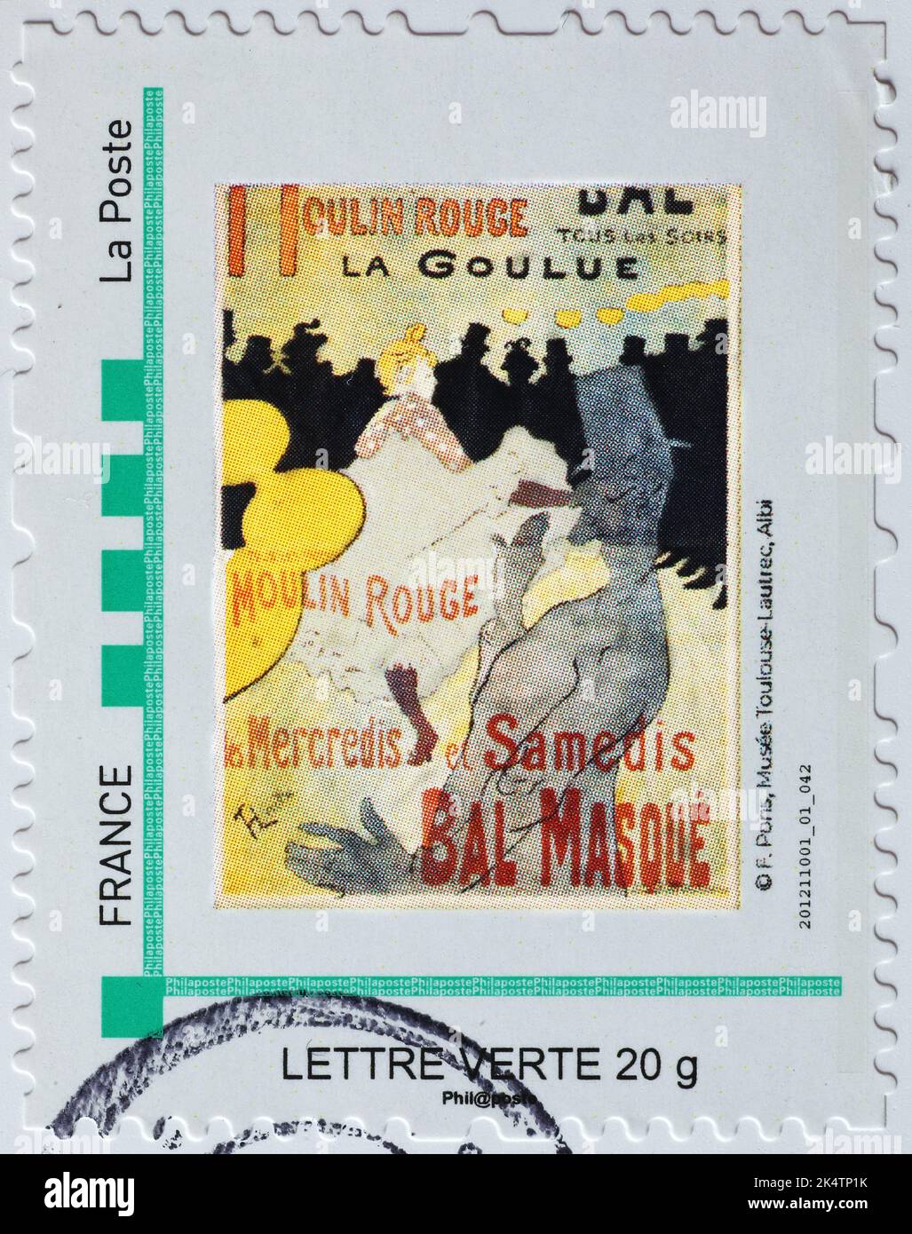 Famous advertising of Moulin Rouge by Toulouse Lautrec on stamp Stock Photo