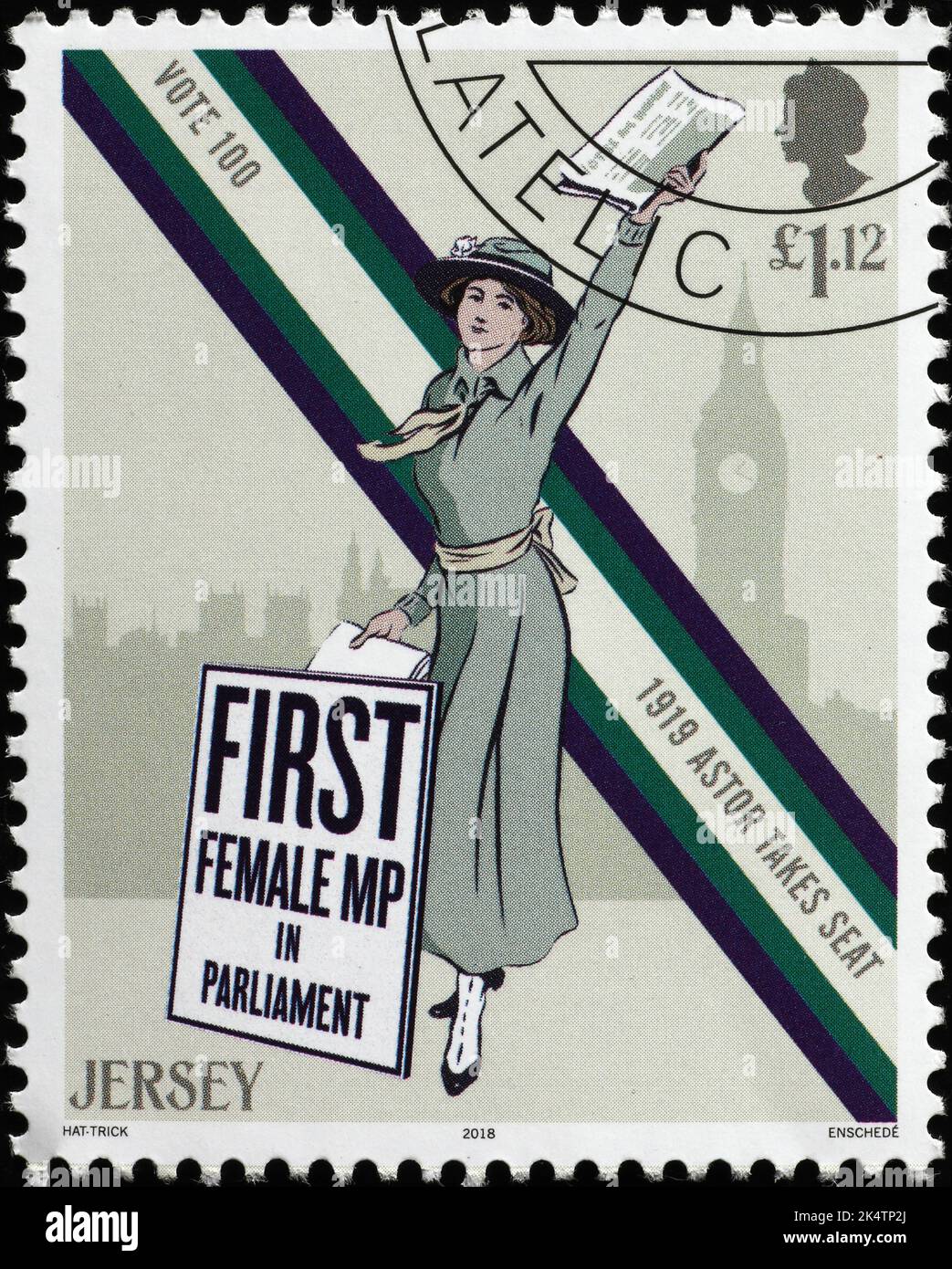 First woman in Parliament on stamp from Jersey Stock Photo