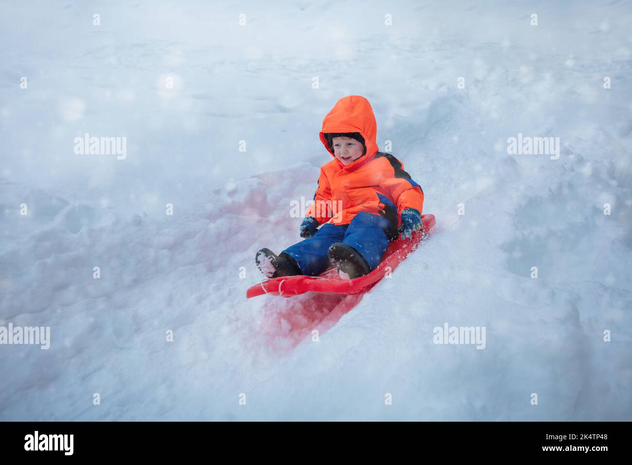 Happy young boy sled downhill on the sledge from a hill Stock Photo Alamy