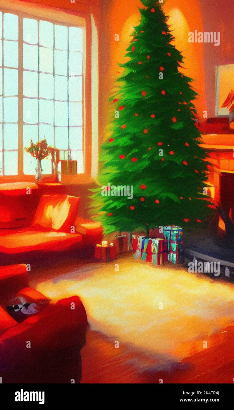 Cute living room decorated for Christmas illustration. Christmas or New