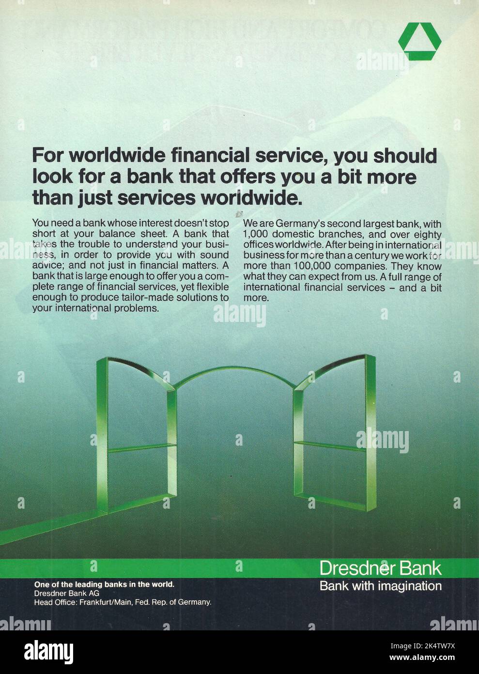 Dresdner bank financial institution advertisement bank magazine advert 1980s 1970s Stock Photo