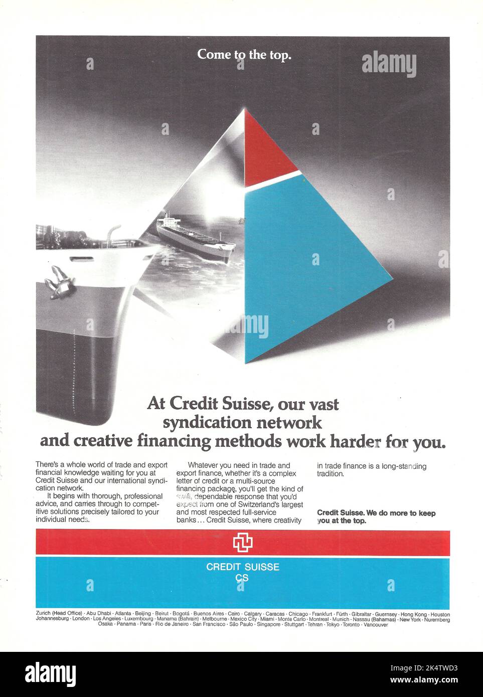 Credit Suisse bank financial institution advertisement bank magazine advert 1980s 1970s Stock Photo