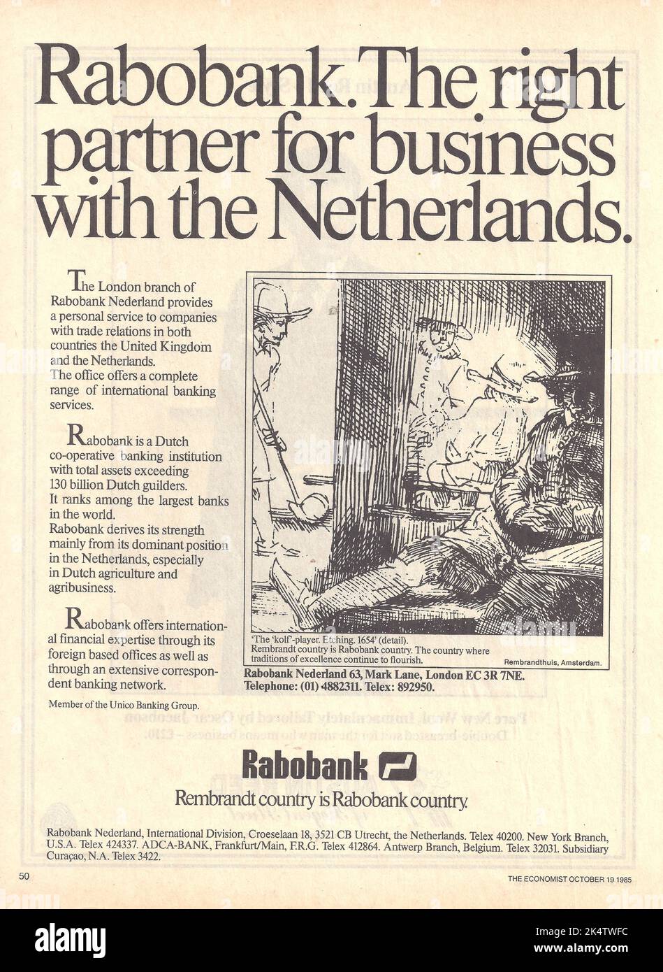Rabobank bank financial institution advertisement bank magazine advert 1980s 1970s Stock Photo