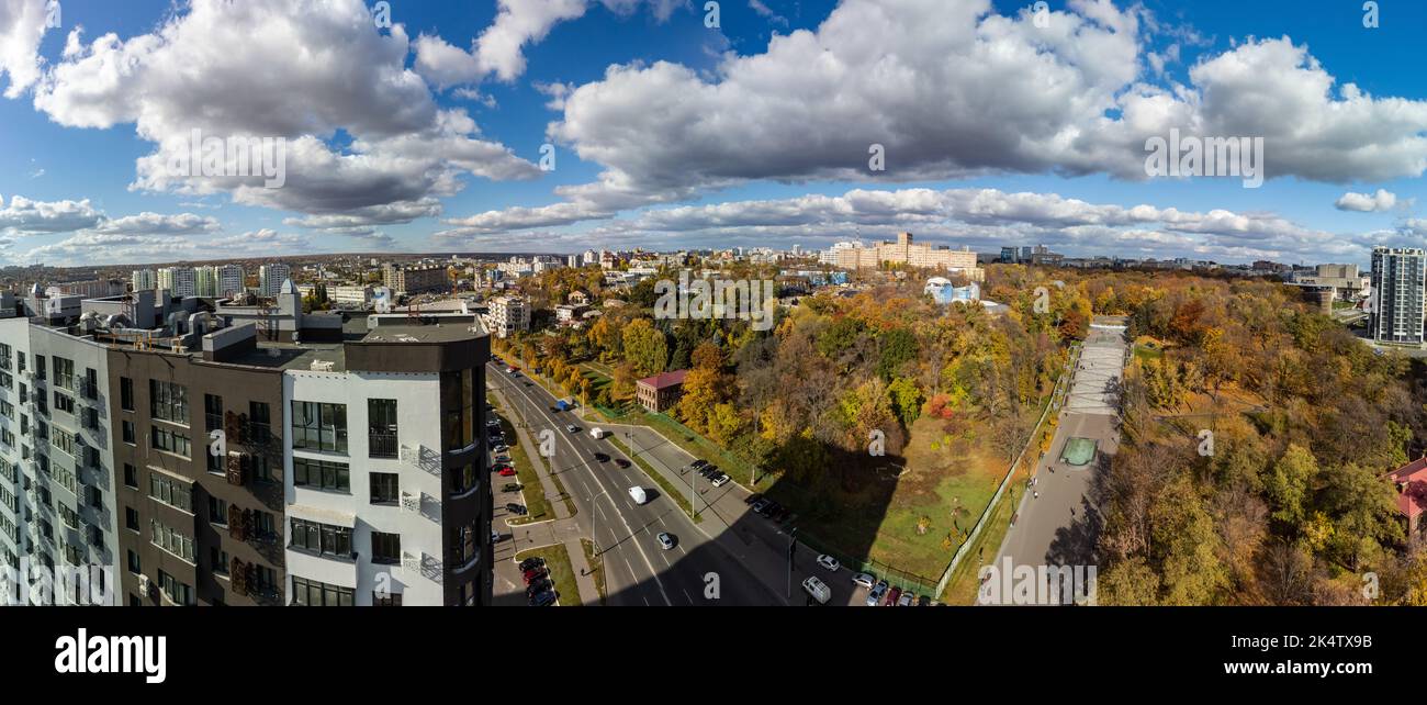 City aerial view, modern new residential buildings rooftop and Cascade stairs with fountain in autumn Shevchenko City Garden with scenic blue sky Stock Photo