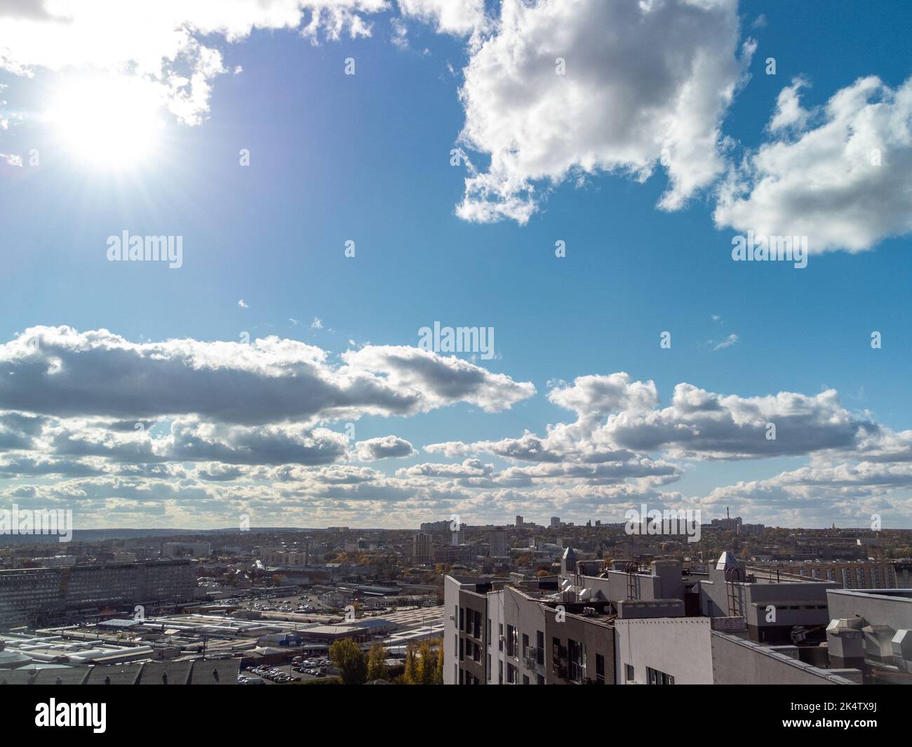 City roof aerial view, residential building rooftop in autumn with sunny bright sky, downtown in Kharkiv city, Ukraine Stock Photo