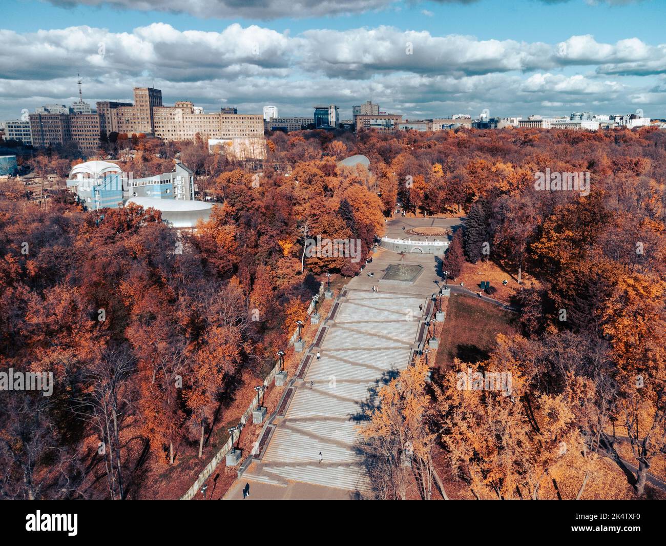 Aerial autumn Cascade stairs sight with fountain. Shevchenko Garden