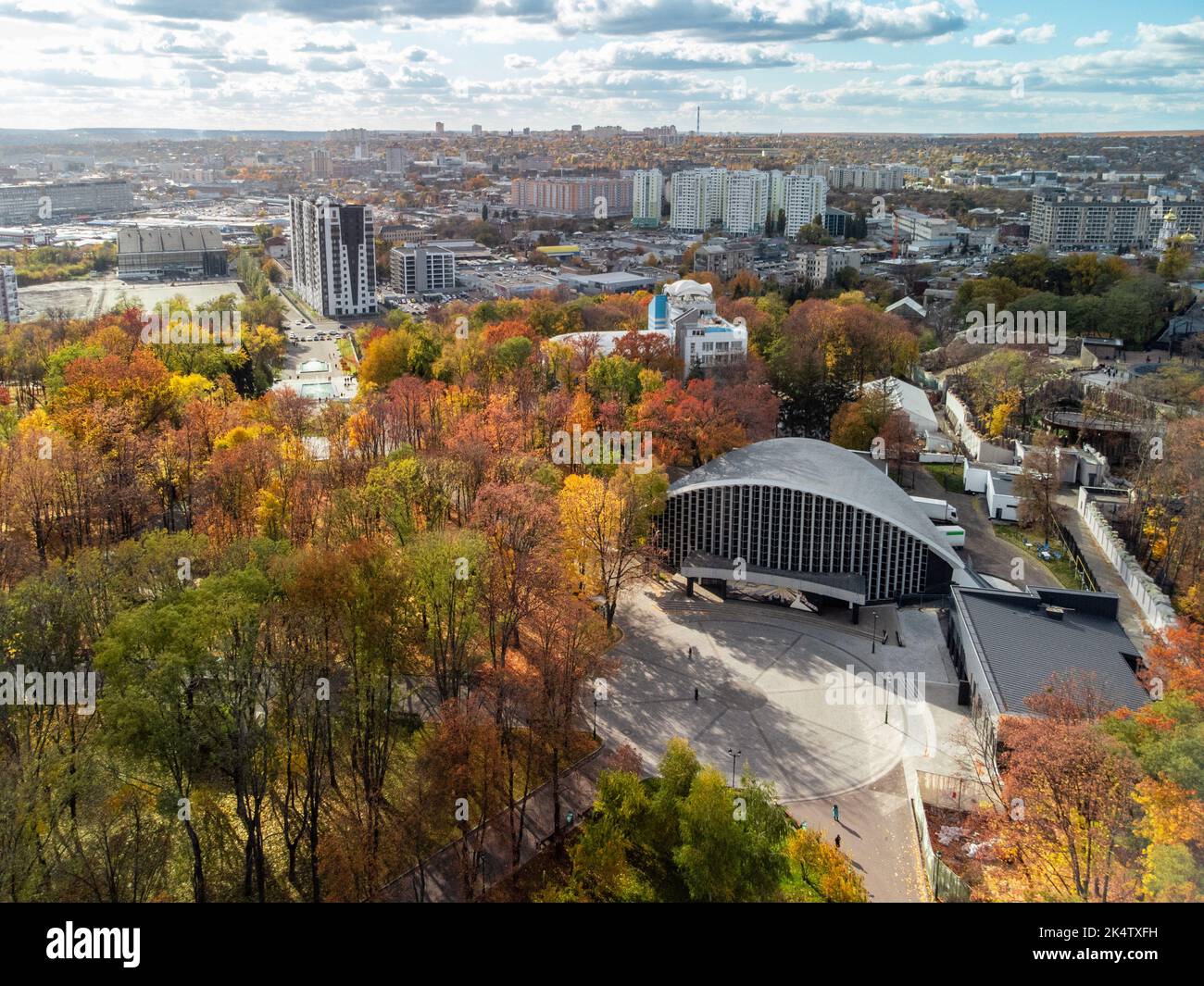 Aerial view on Concert hall Ukraine in autumn Shevchenko City Garden. Historical sights in city park, recreation in Kharkiv, Ukraine Stock Photo