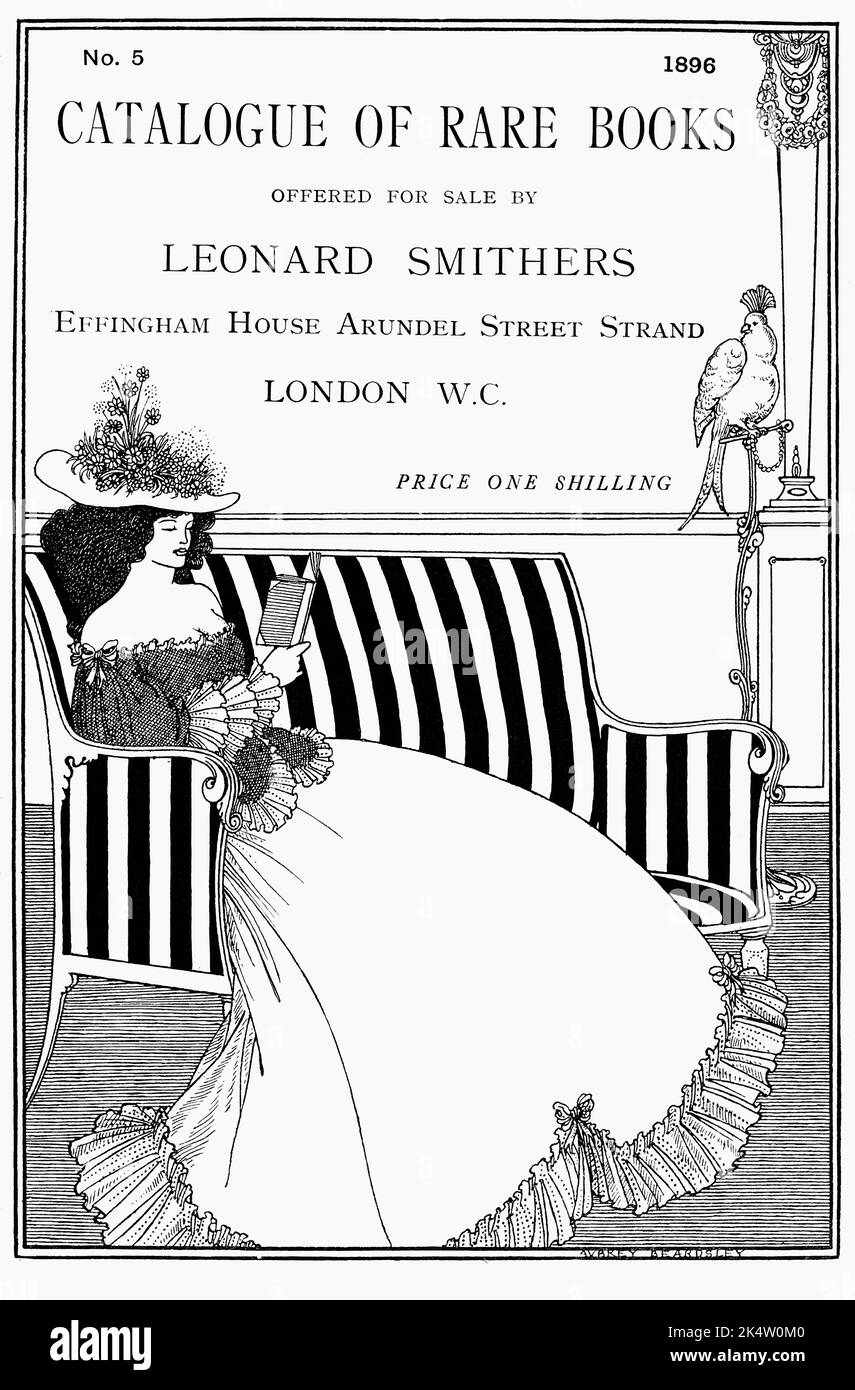 Cover design of a lady reading a book, by English artist Aubrey Beardsley, 1872 - 1898, for an 1896 edition of a catalogue of rare books offered for sale by Leonard Smithers, the London publisher, bookseller and adherent to the Decadent Movement. Stock Photo
