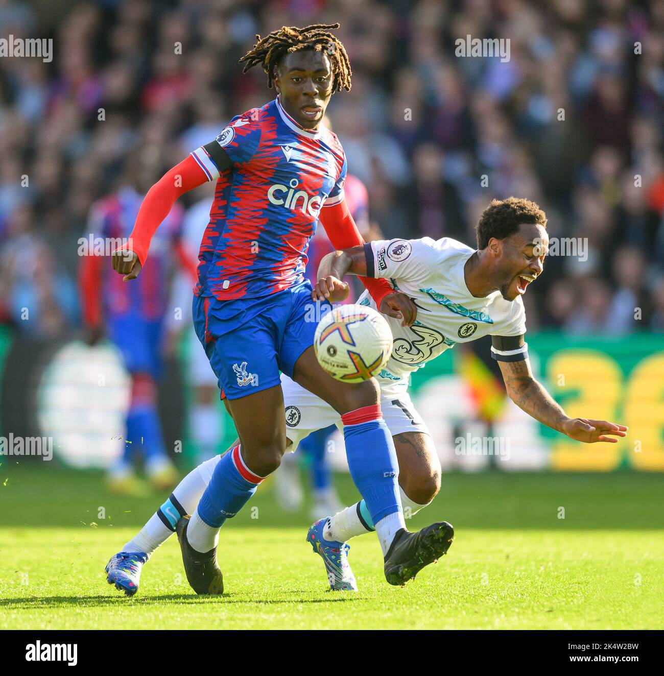 01 Oct 2022 - Crystal Palace v Chelsea - Premier League - Selhurst Park  Crystal Palace's Eberechi Eze and Raheem Sterling during the Premier League match at Selhurst Park. Picture : Mark Pain / Alamy Live News Stock Photo
