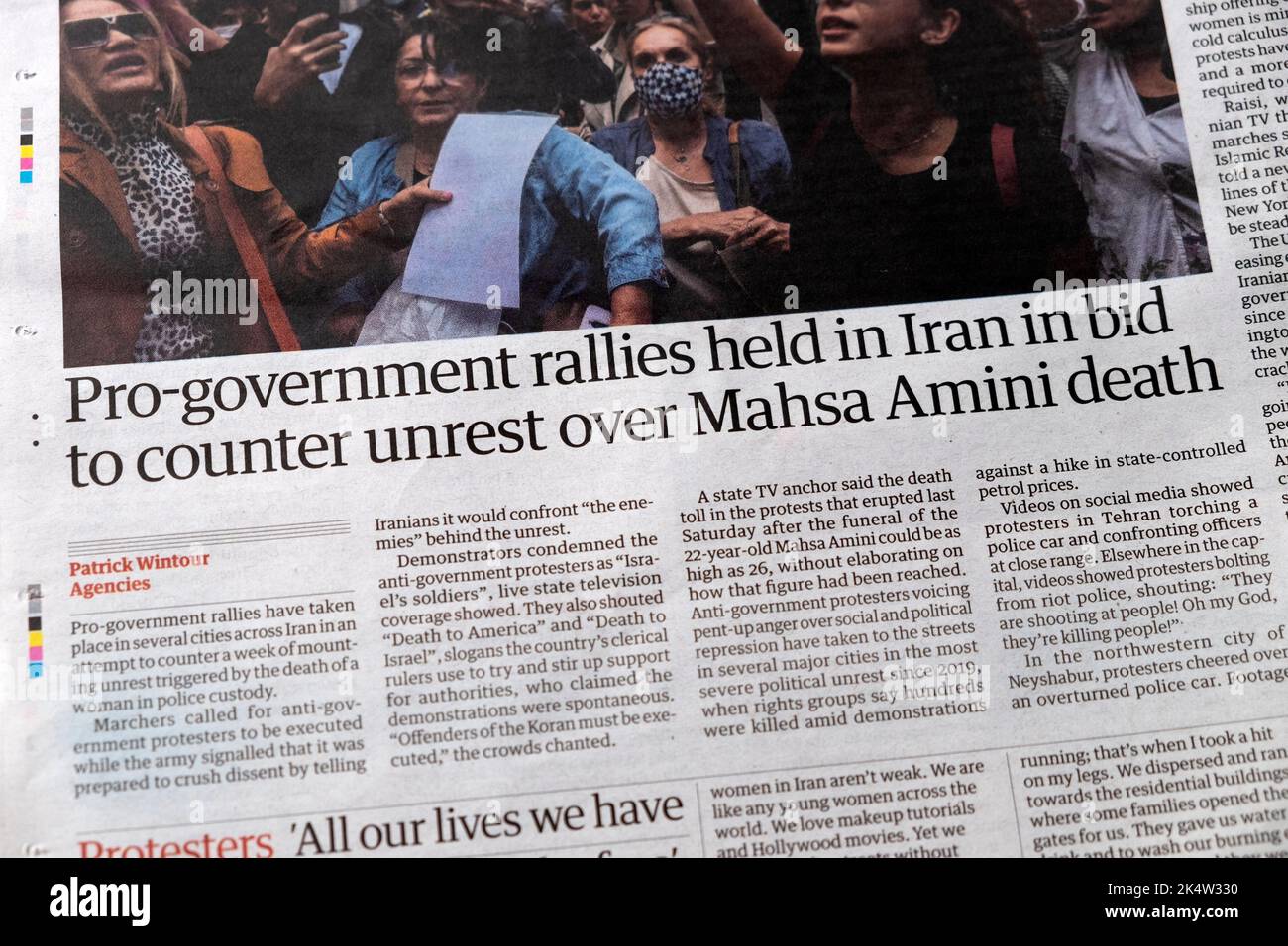 'Pro-government rallies held in Iran in bid to counter unrest over Mahsa Amini death' Guardian newspaper article clipping 24 September 2022 London UK Stock Photo