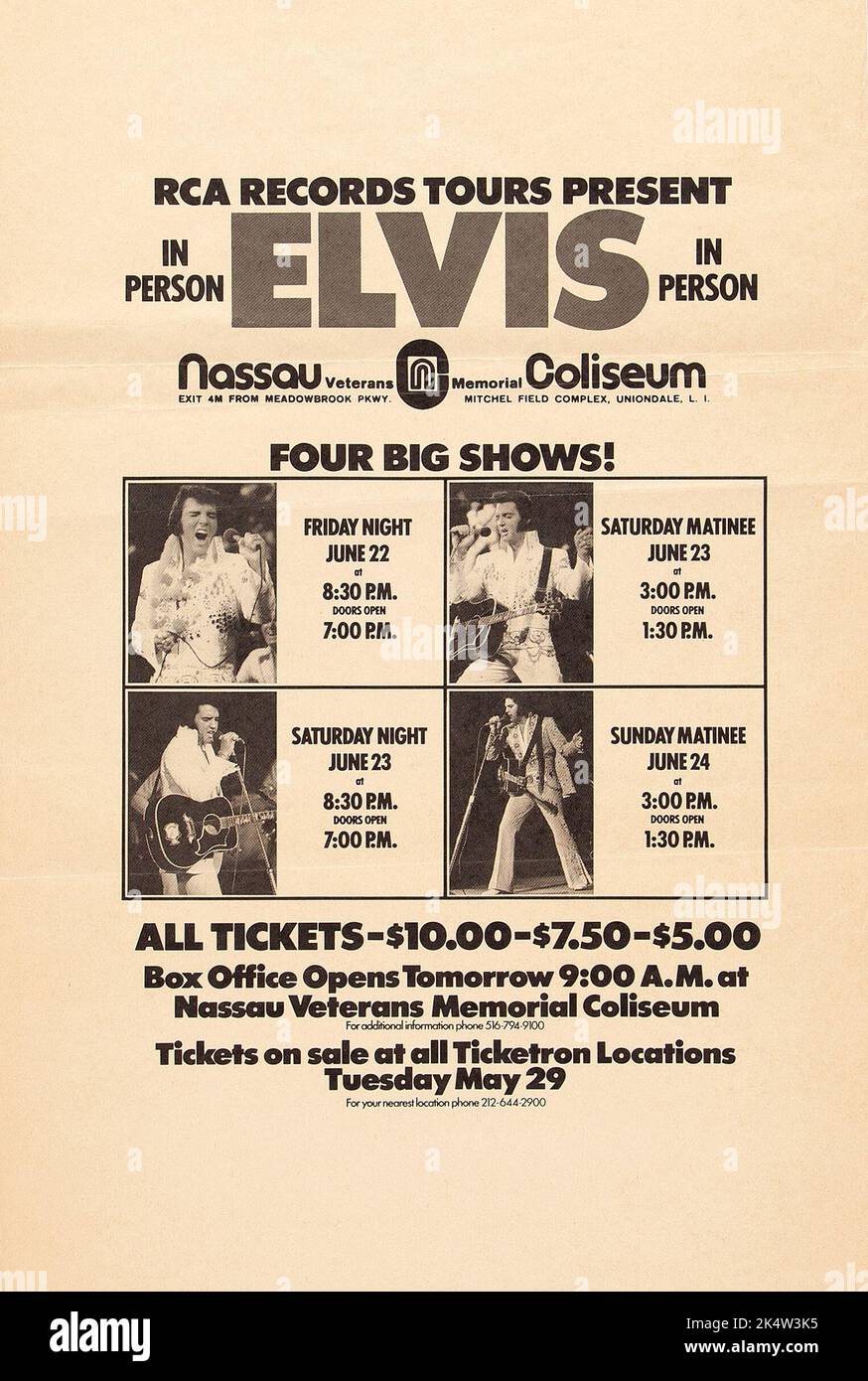 Elvis Presley 1973 Nassau Coliseum, New York Advertisement - Announcement. Stock Photo