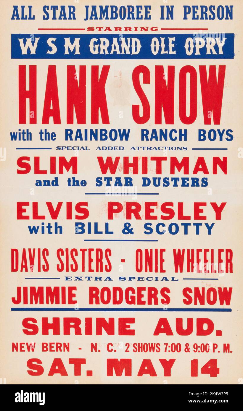 Hank Snow and Elvis Presley - 1955 Sun Records-Era New Bern, NC Third-Billed Concert Poster. Grand Ole Opry. Elvis on tour 1955. Stock Photo