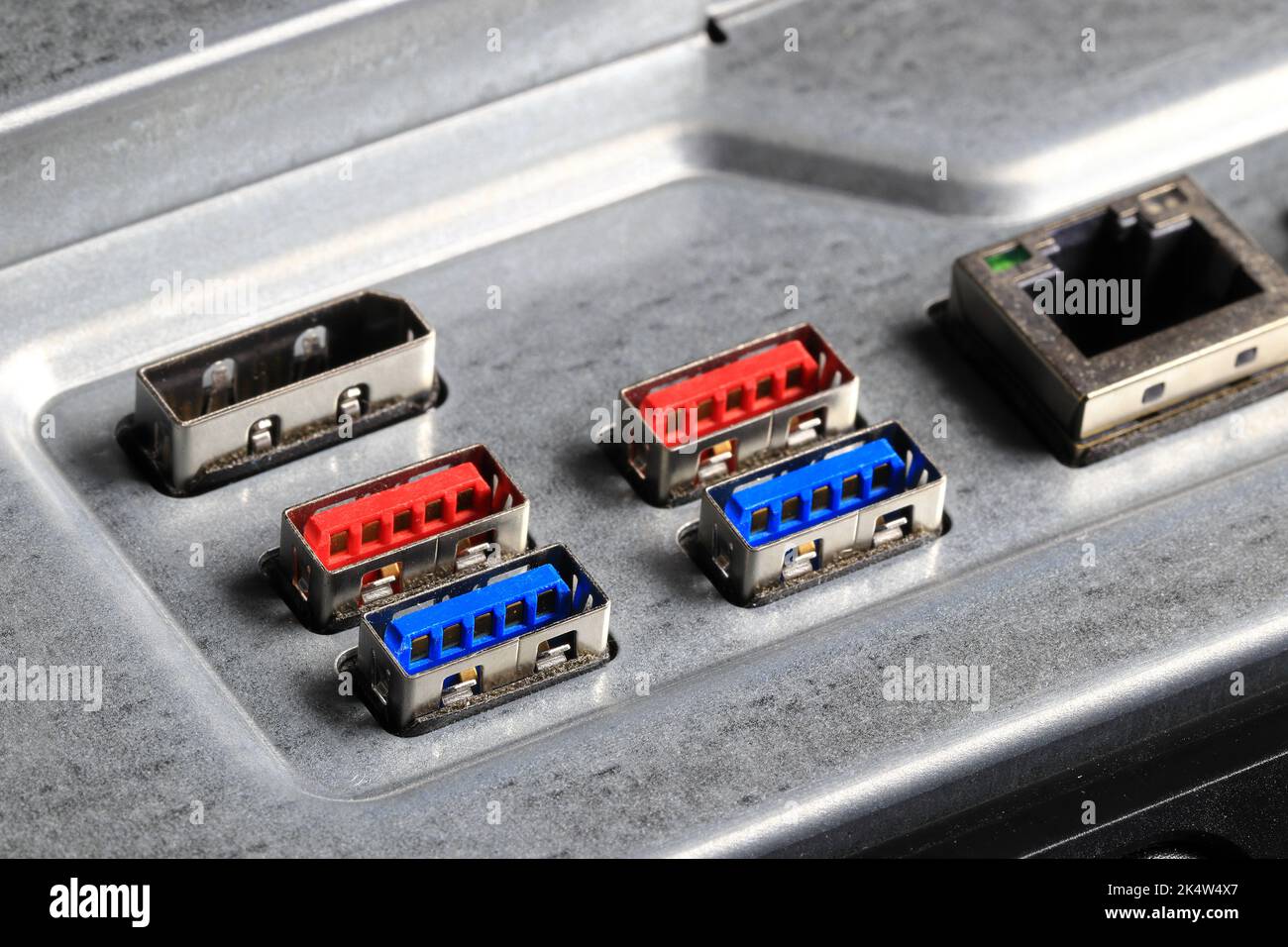 Multiple ports on computer show with USB, LAN, Display port. Stock Photo