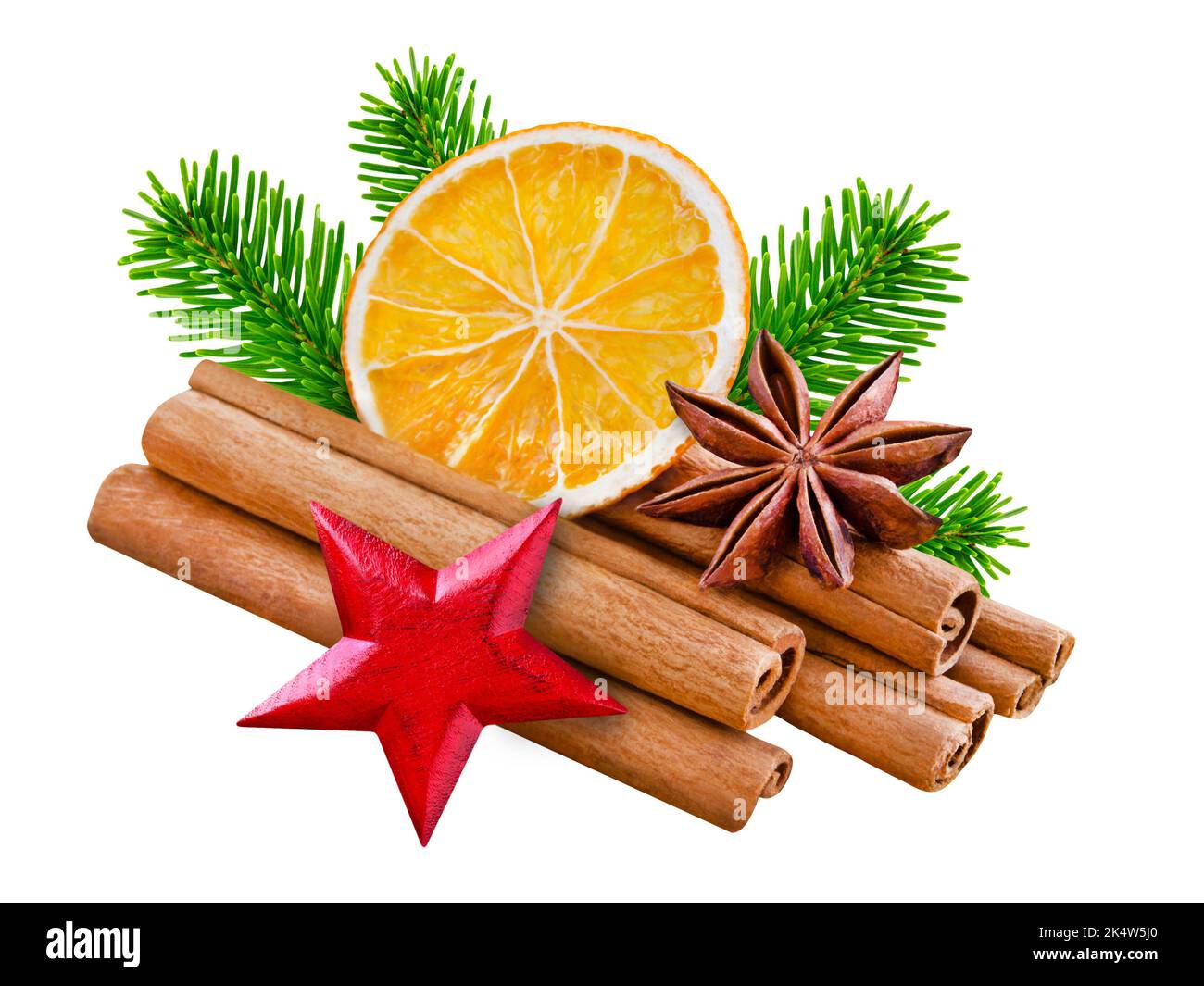 Cinnamon sticks and oranges with star anise isolated on white background Stock Photo