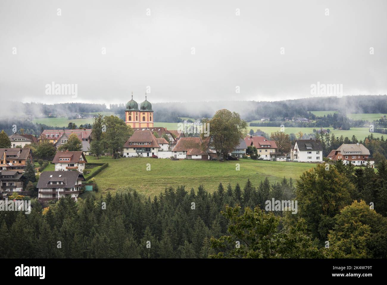 view of St. Maergen with abbey chuch in the southern Black Forest, Baden-Wuerttemberg, Germany. Blick auf St. Maergen mit Klosterkirche, Suedschwarzwa Stock Photo