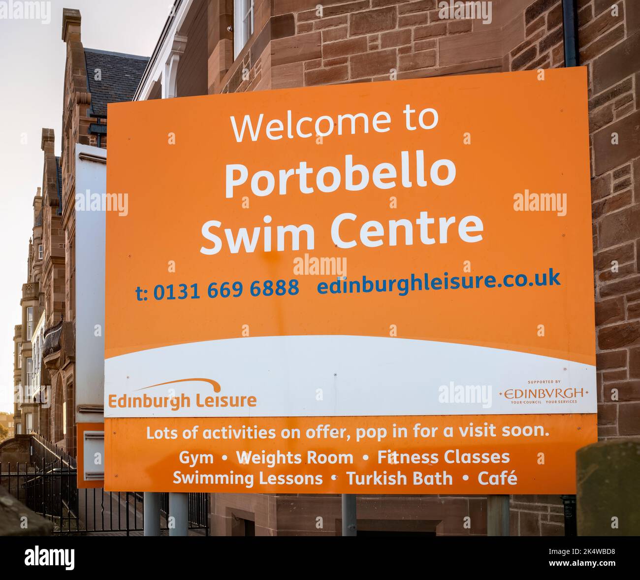 Sign outside Portobello Swim Centre, Edinburgh, Scotland, UK Stock Photo