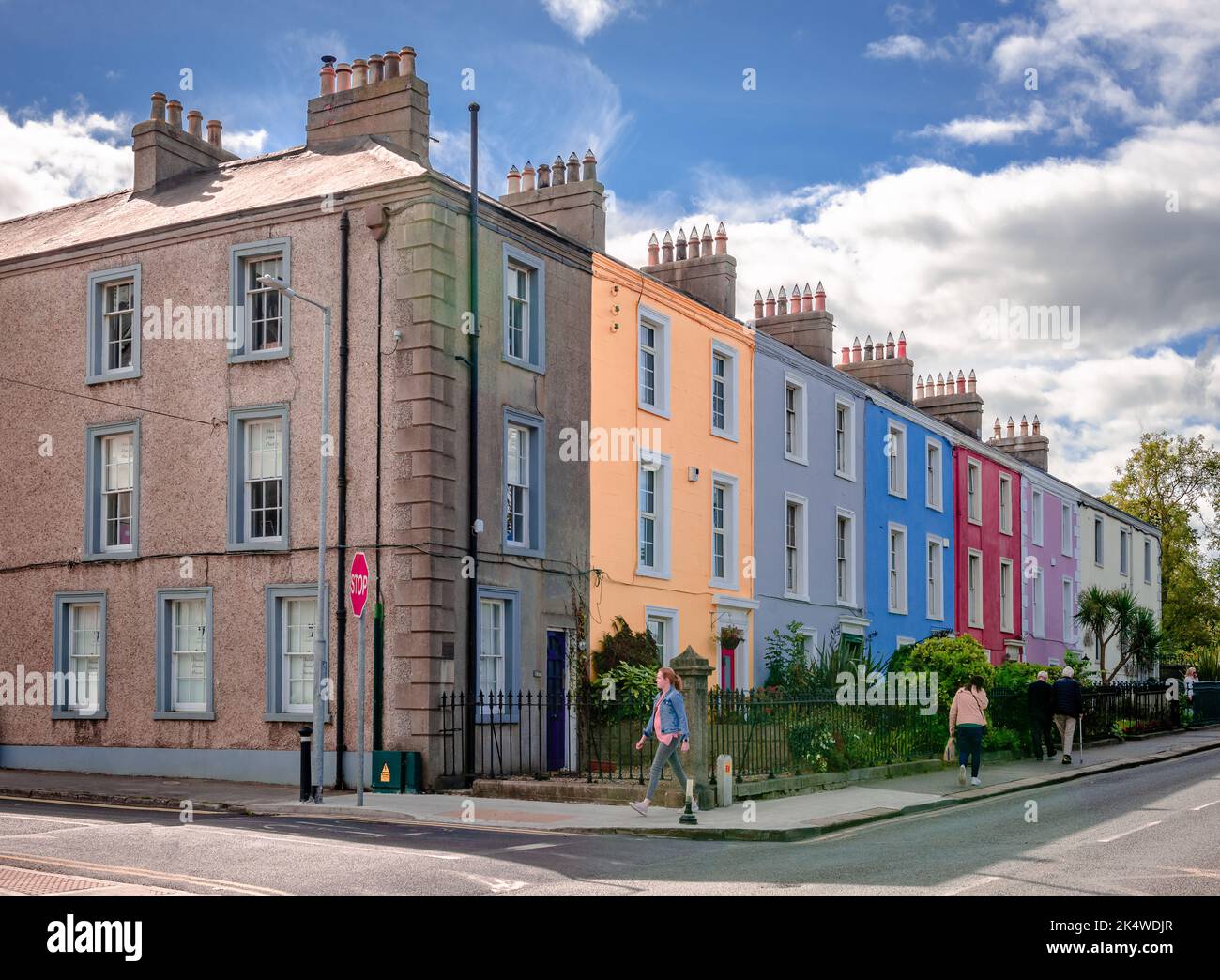 Malahide, Ireland - September 15 2022: Beautiful colorful terraced houses on the corner of Malahide Rd and St Margaret's Rd. Stock Photo