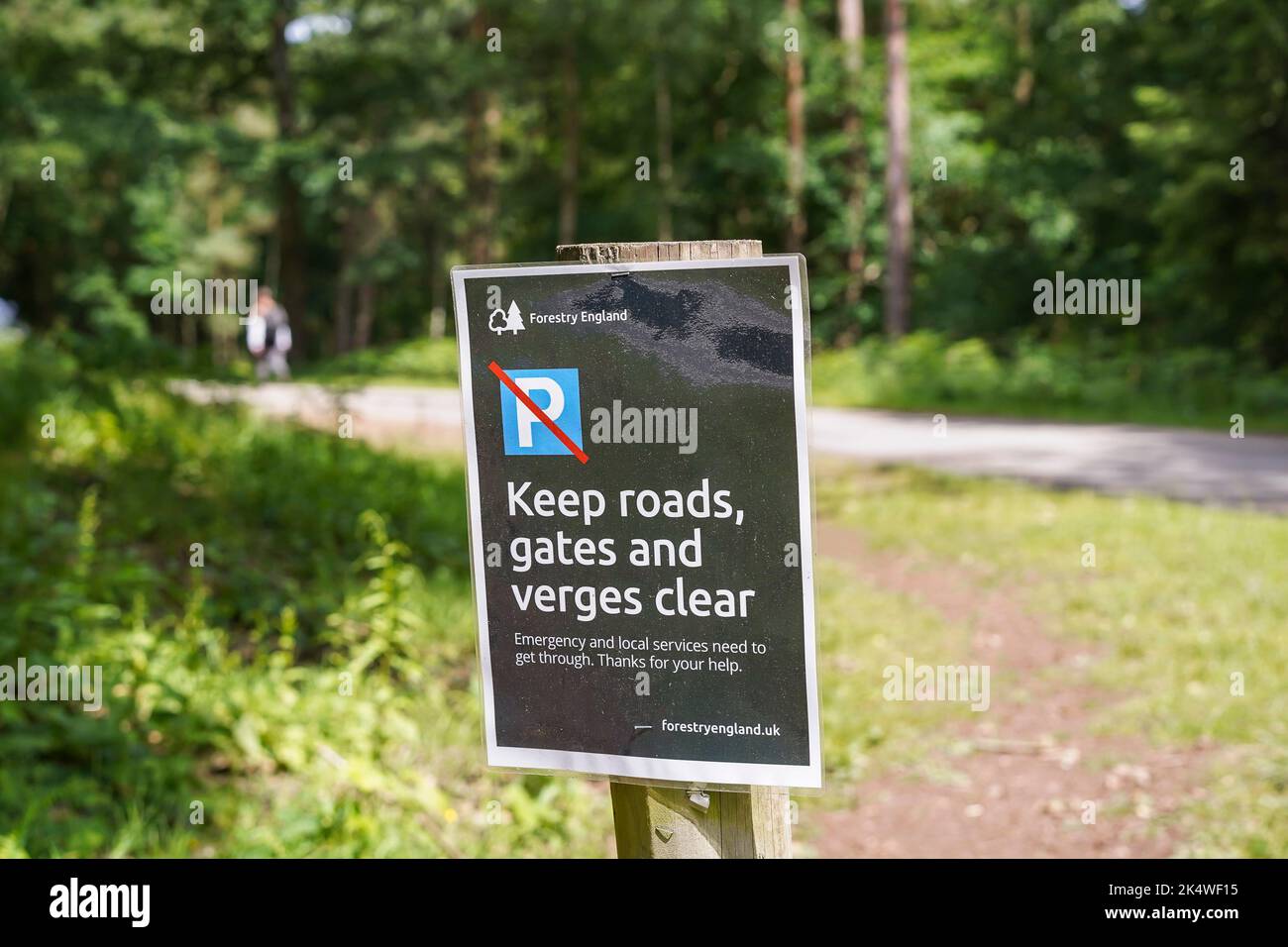 Forestry England sign for No Parking instructing public to keep roads