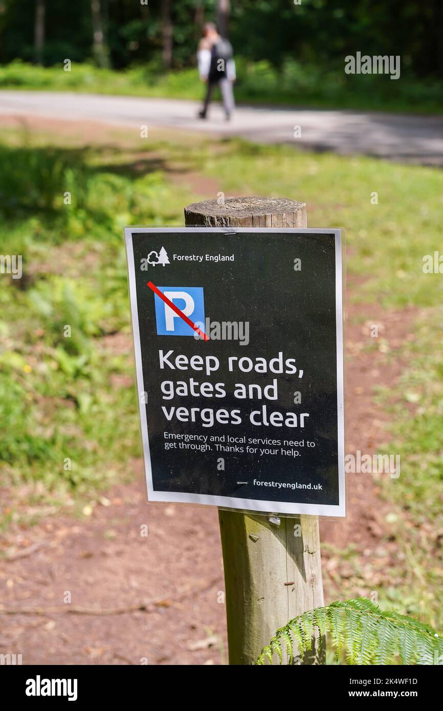 Forestry England sign for No Parking instructing public to keep roads