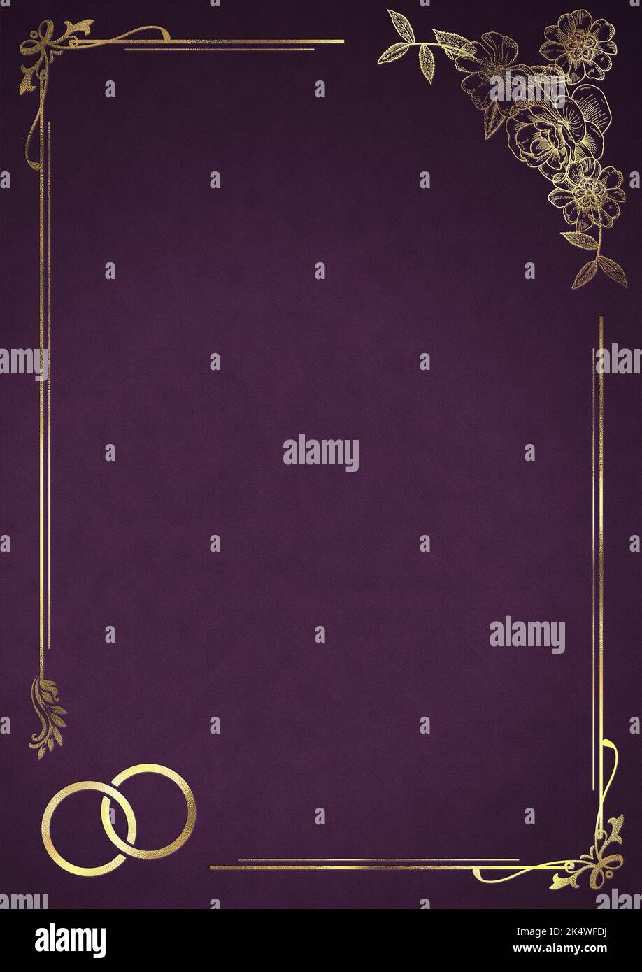 Wedding Invitation Background with Golden Floral Frame and Rings ...