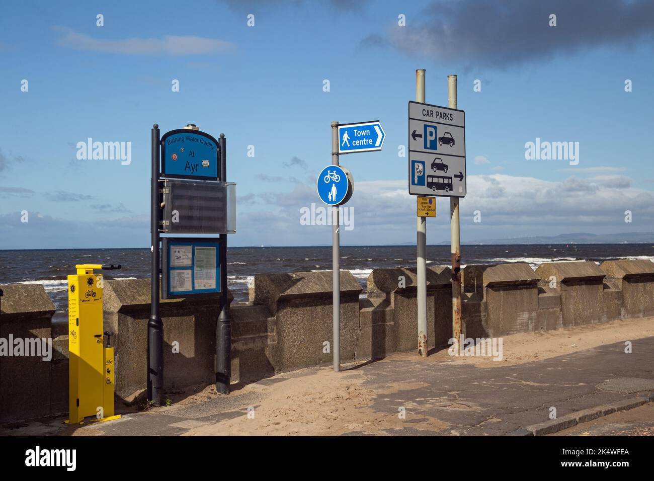 Ayr, Ayrshire, Scotland, September 27th 2022, signs at the seafront advise people about the