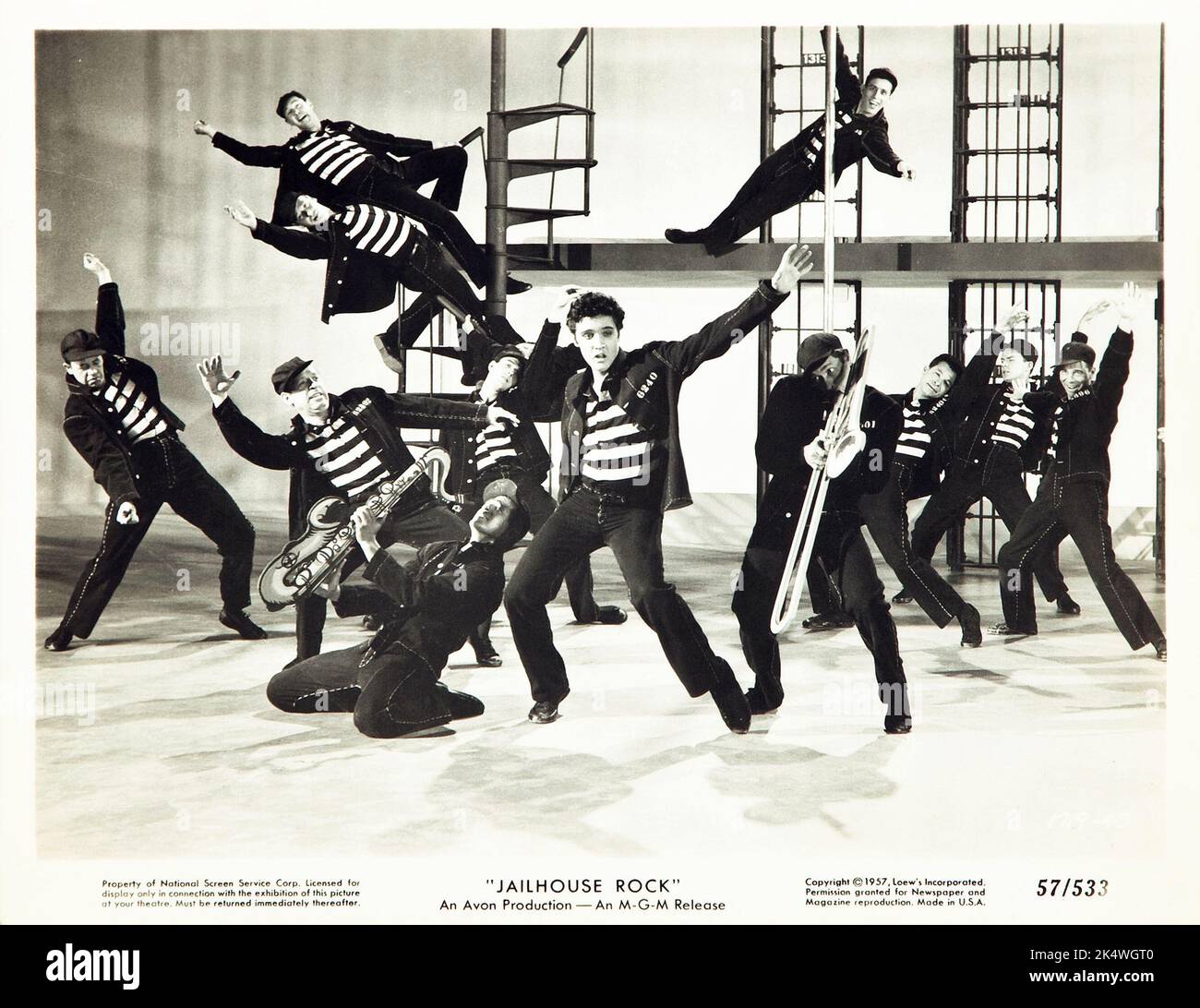 Elvis Presley in Jailhouse Rock (MGM, 1957). Publicity Still. Colorized. Famous dance scene in jail. Stock Photo