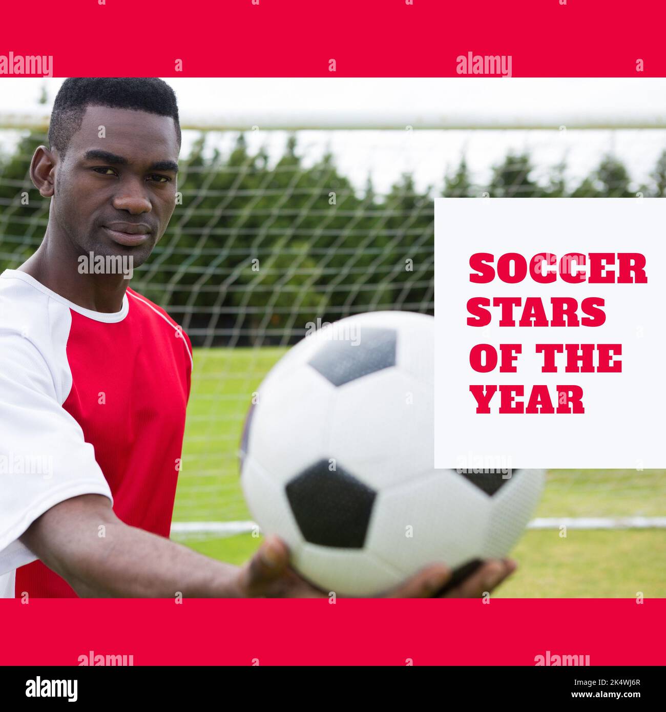 Composition of soccer stars of the year text over african american 