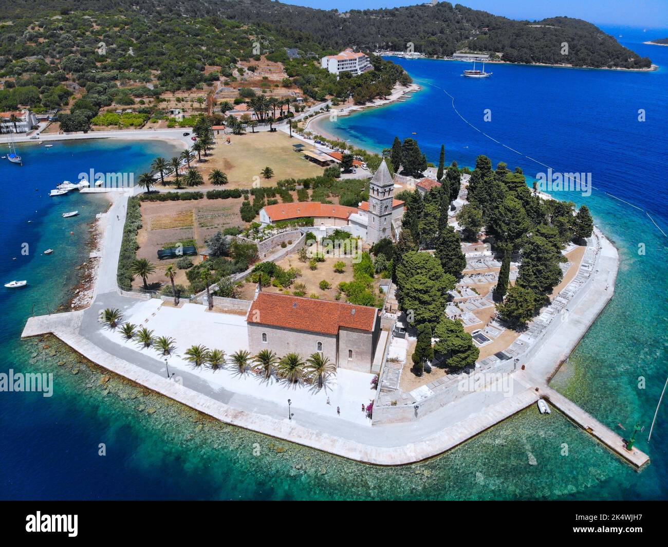 Vis island in Croatia. Harbor and town aerial view in Vis, Croatia ...