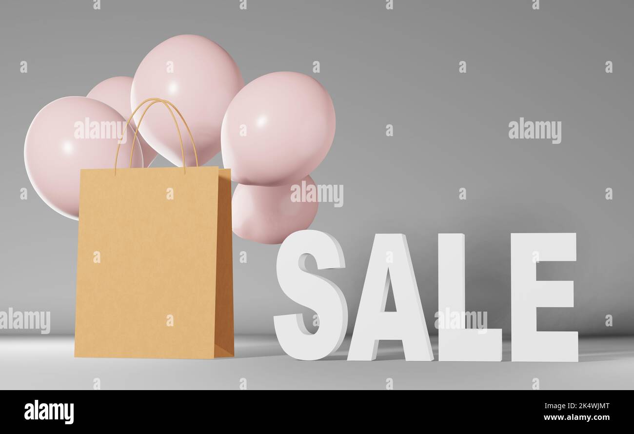 Blank paper shopping bag branding mockup pink baloons grey background Blank paper shopping bag branding mockup pink baloons grey background
