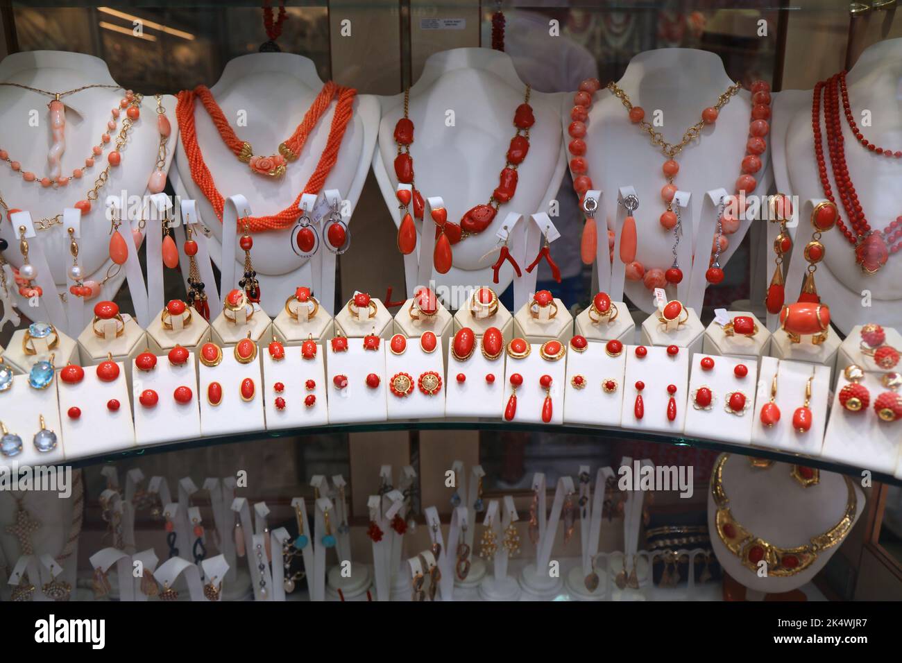 Coral jewelry in Croatia. Jewellery shop window display in Dubrovnik