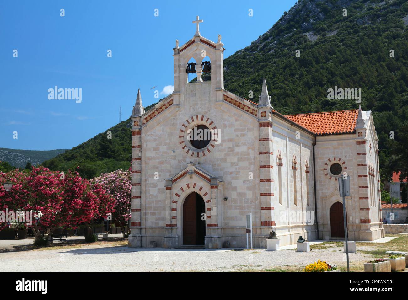 Ston, Croatia. Old town church and oleander trees in bloom. Stock Photo