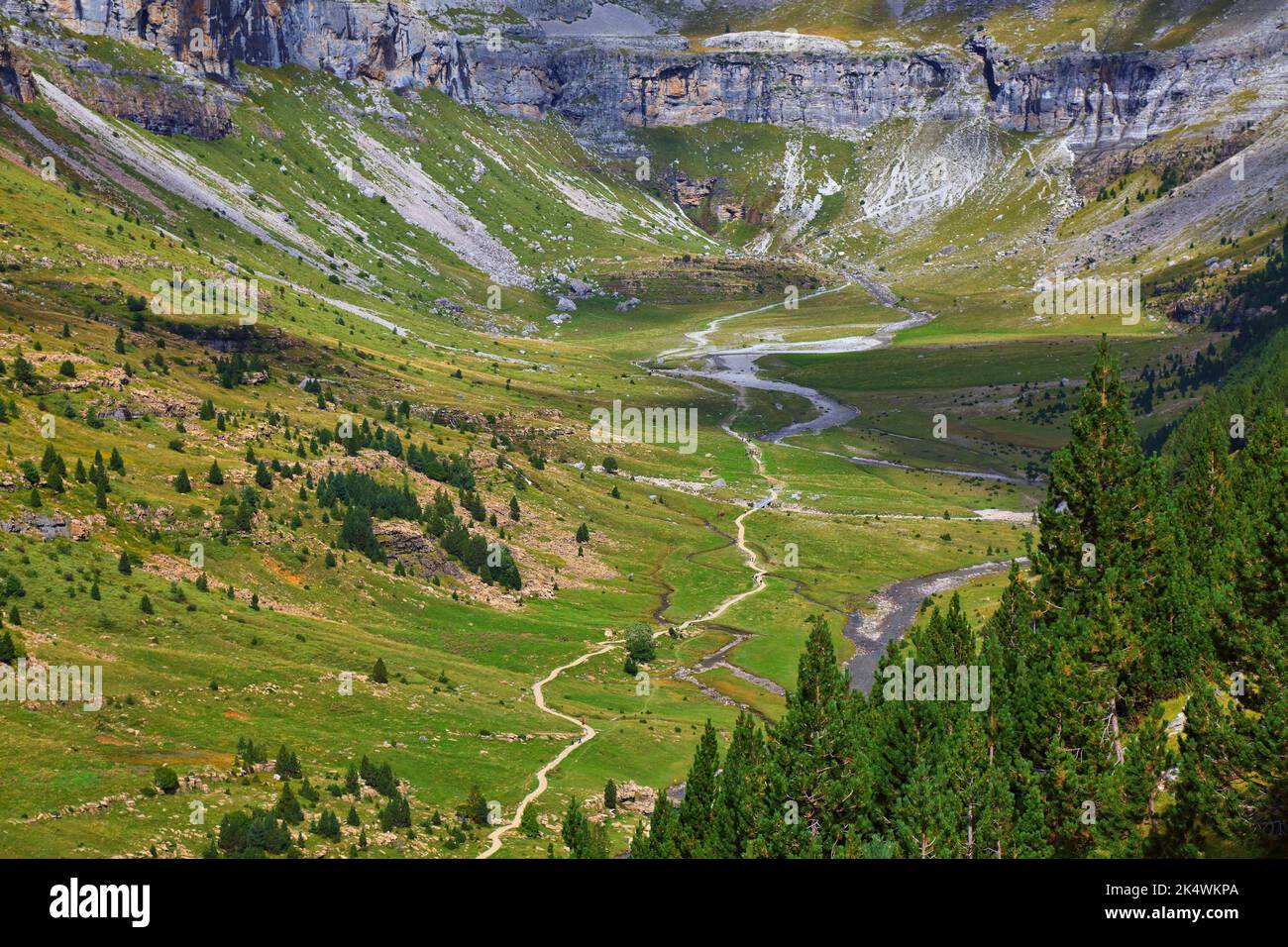 Hiking trail in Spain. Ordesa valley in Spanish Pyrenees. Glacial