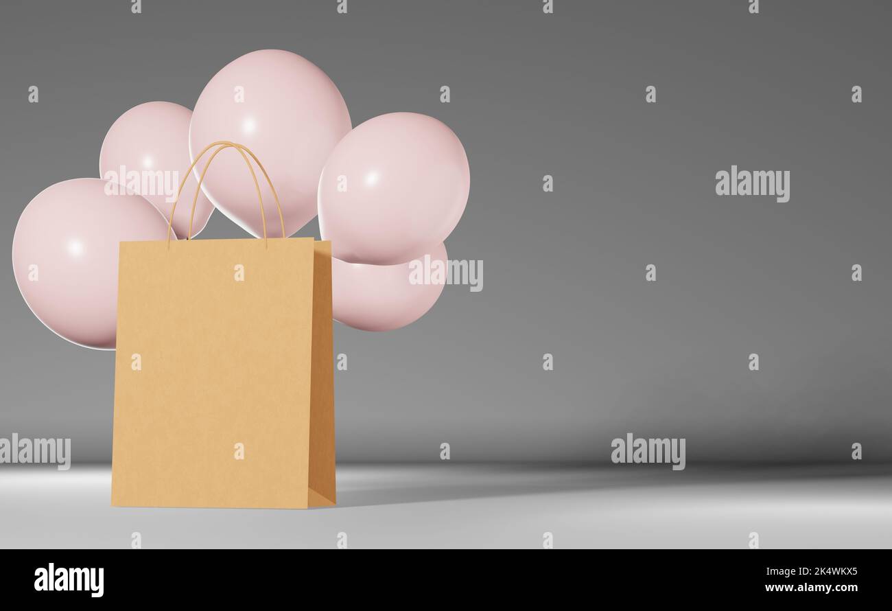 Blank paper shopping bag branding mockup pink baloons grey background Blank paper shopping bag branding mockup pink baloons grey background