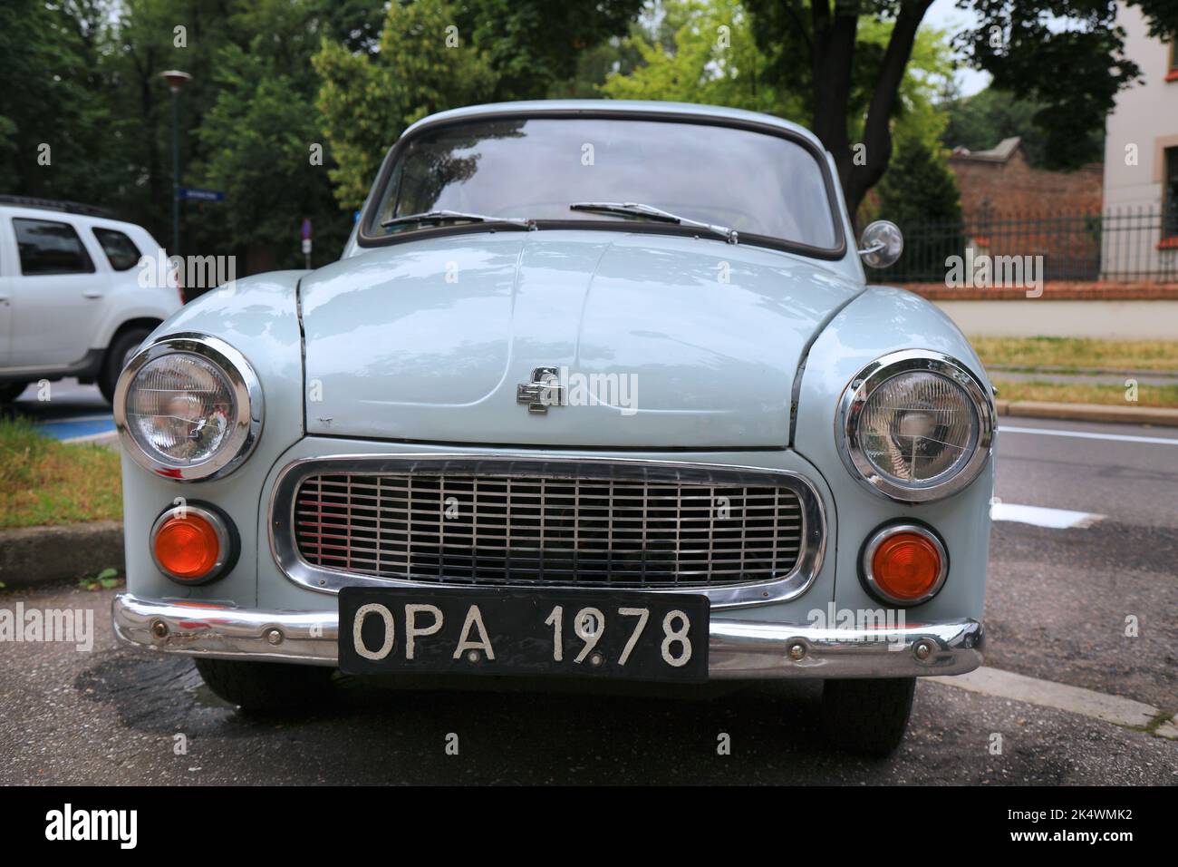 KRAKOW, POLAND - JULY 3, 2021: FSO Syrena 105 vintage Polish car parked in Krakow. The car is a symbol of Polish car industry. Stock Photo