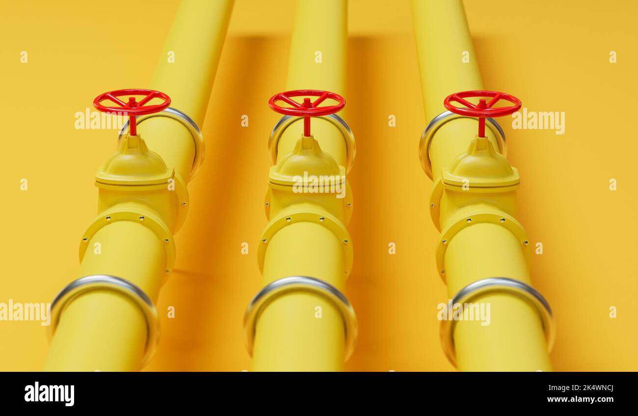 Yellow gas or oil industry pipe lines with red valves. 3D Rendering Stock Photo