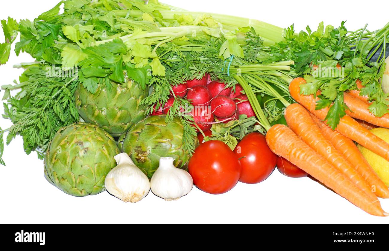 Vegetables and greens on white background Stock Photo - Alamy