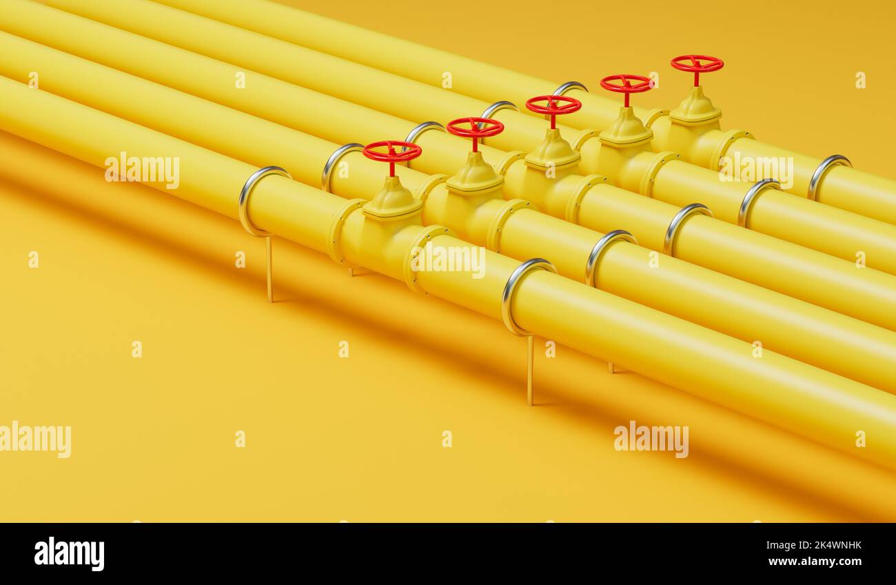 Yellow gas or oil industry pipe lines with red valves. 3D Rendering Stock Photo