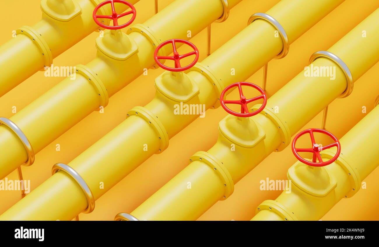 Yellow gas or oil industry pipe lines with red valves. 3D Rendering Stock Photo