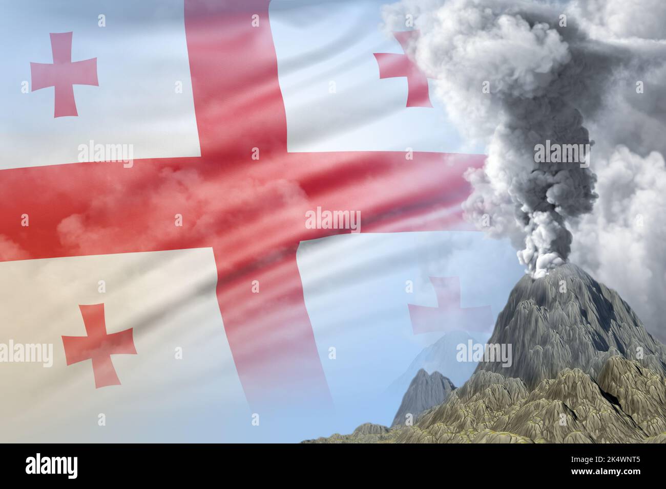 conical volcano blast eruption at day time with white smoke on