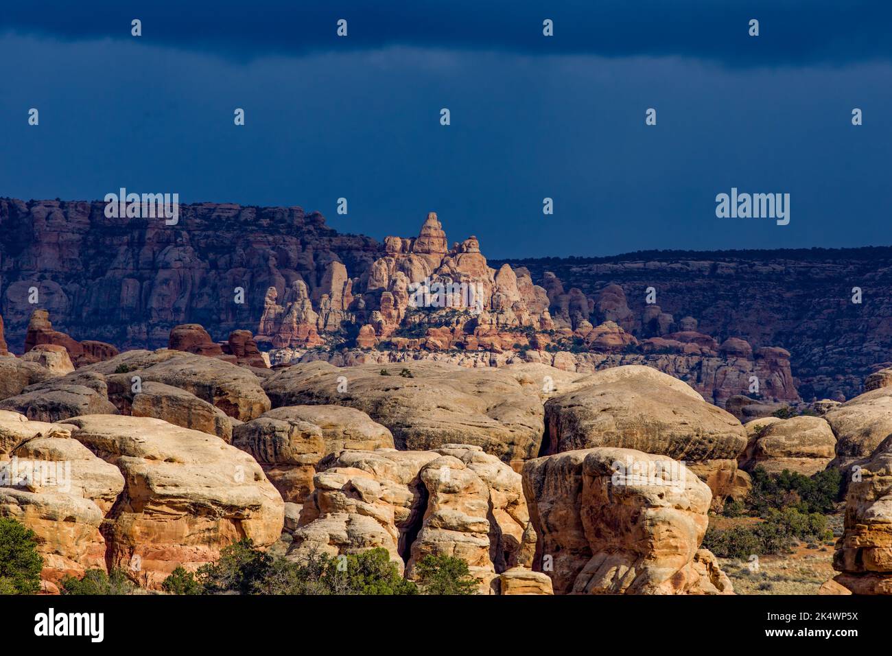 Storm light on Cedar Mesa sandstone formations in the Needles District, Canyonlands National Park, Utah. Stock Photo