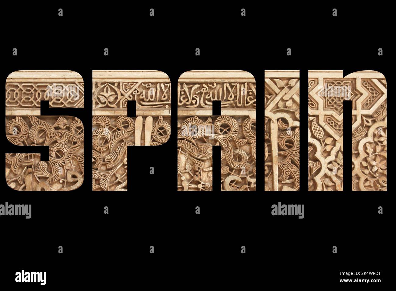 Spain. Sign Spain sign - country name with background travel photo. Text isolated ...