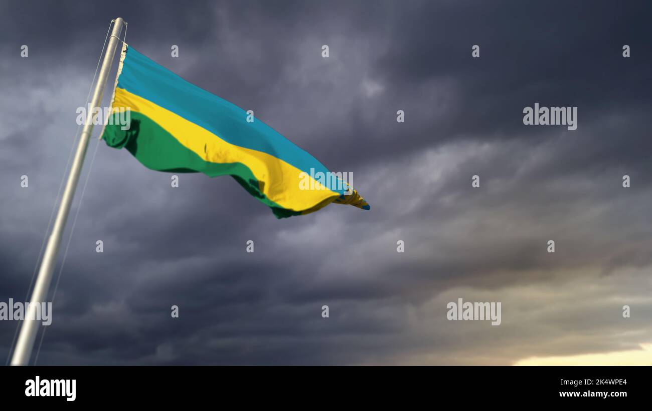 nice Rwanda flag on massive dark clouds bg - abstract 3D illustration ...
