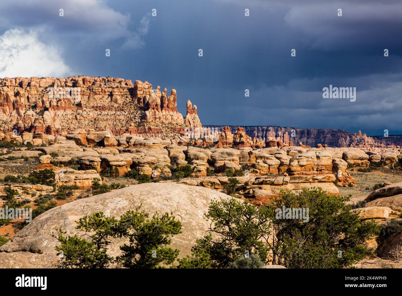 Stormy clouds over Cedar Mesa sandstone formations in the Needles District, Canyonlands National Park, Utah. Stock Photo