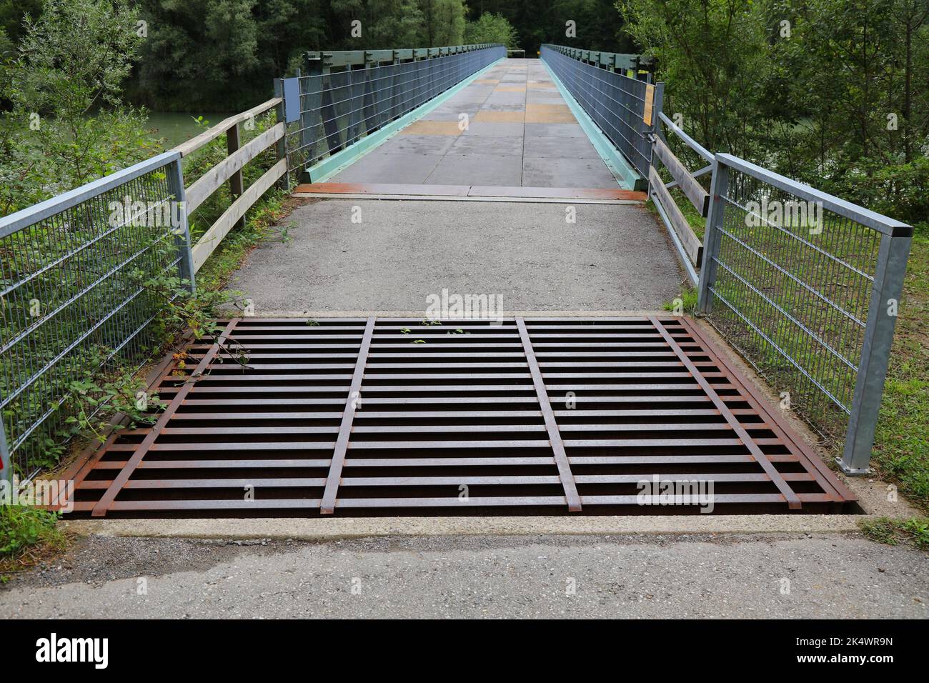 Cattle grid or cattle guard in Carinthia, Austria. Metal obstacle preventing free-roaming livestock from leaving an area. Stock Photo