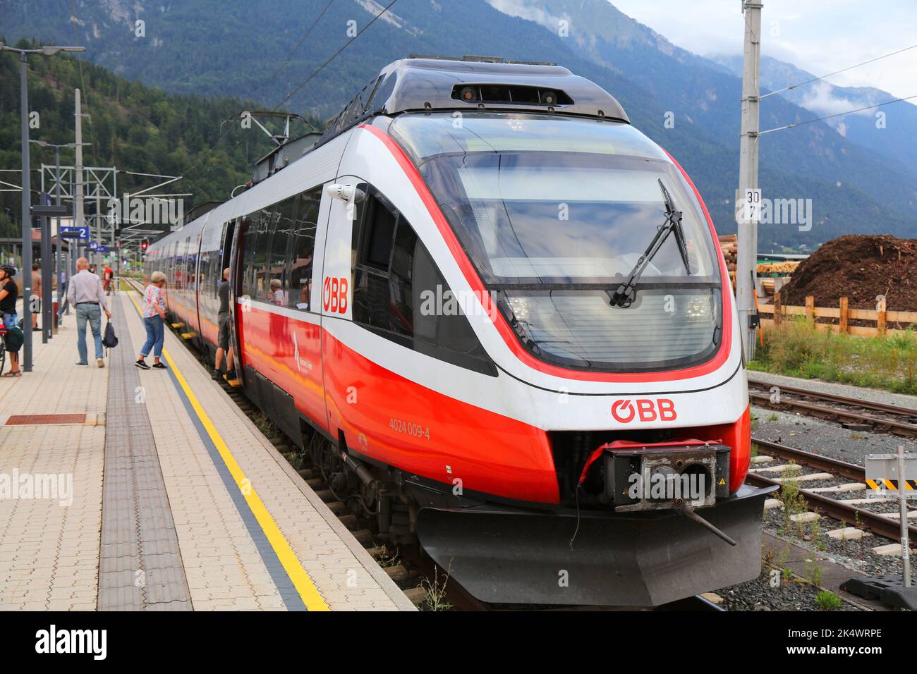 CARINTHIA, AUSTRIA - AUGUST 7, 2022: Bombardier Talent passenger train of Austrian Federal Railways OBB at Hermagor railway station in Carinthia, Aust Stock Photo