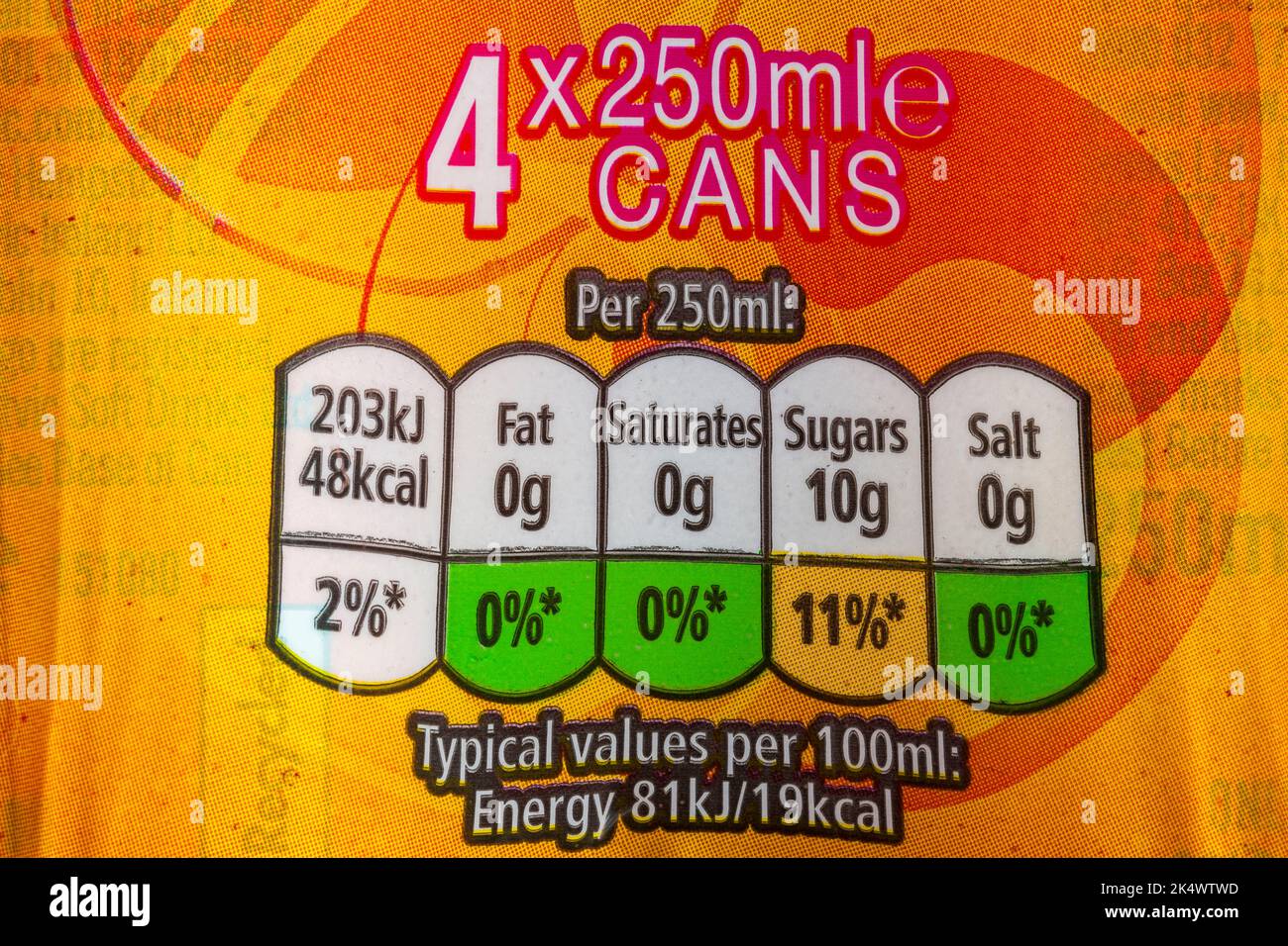 Nutritional information traffic light system labelling on pack of J2O