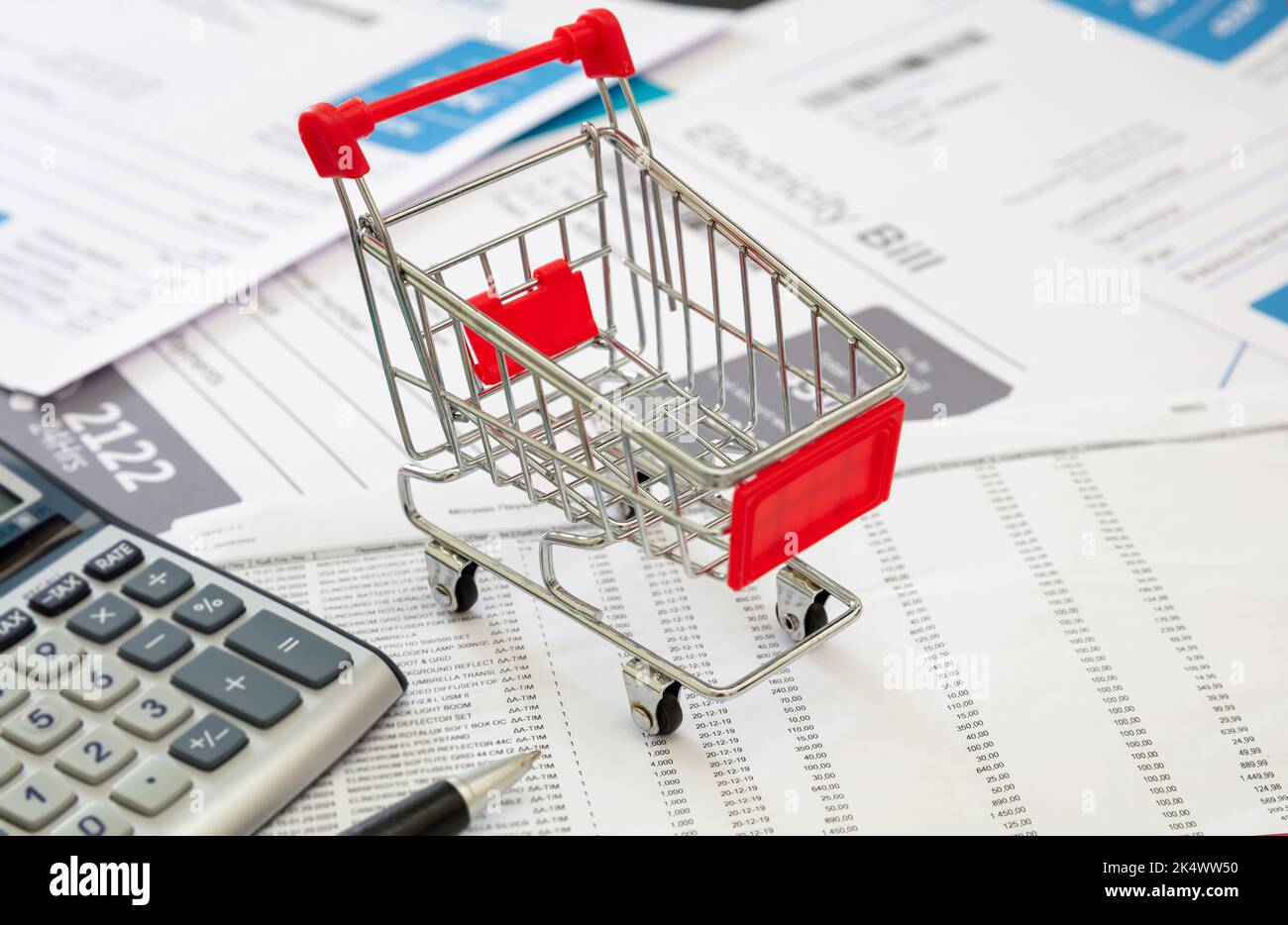 Shopping cart empty, financial charts and calculator. Food and grocery cost, living cost